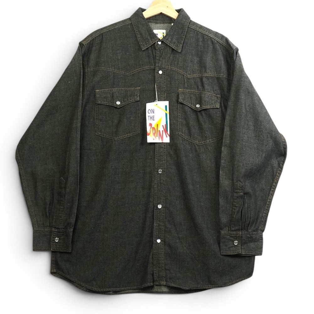 Vintage 90s Mens Black Denim Shirt Jacket L Pearl Snap Western Grunge Cowboy NWT